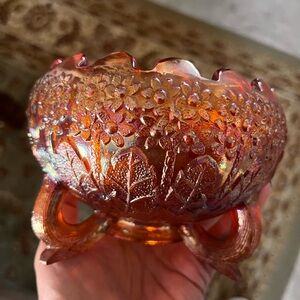 Fenton “Orange Tree” Marigold Carnival Glass Footed Bowl